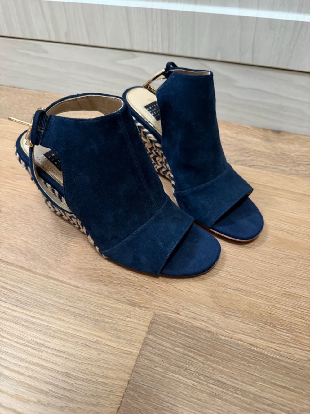 Navy Suede Espadrille Open-Toe Wedge Sandals